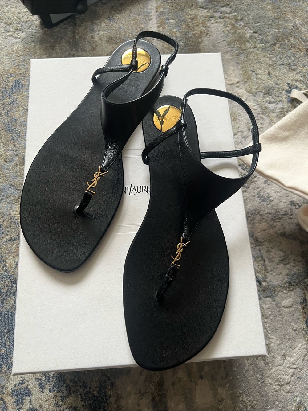 Saint Laurent Black Leather YSL Cassandre Thong Sandal